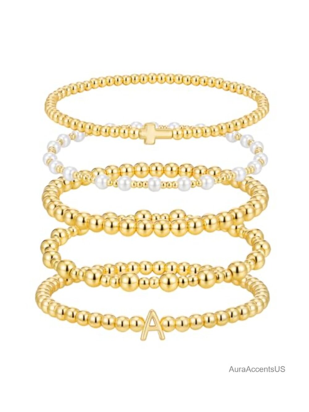 14K Gold Plated Cross Initial Beaded Bracelet Stack Set Waterproof